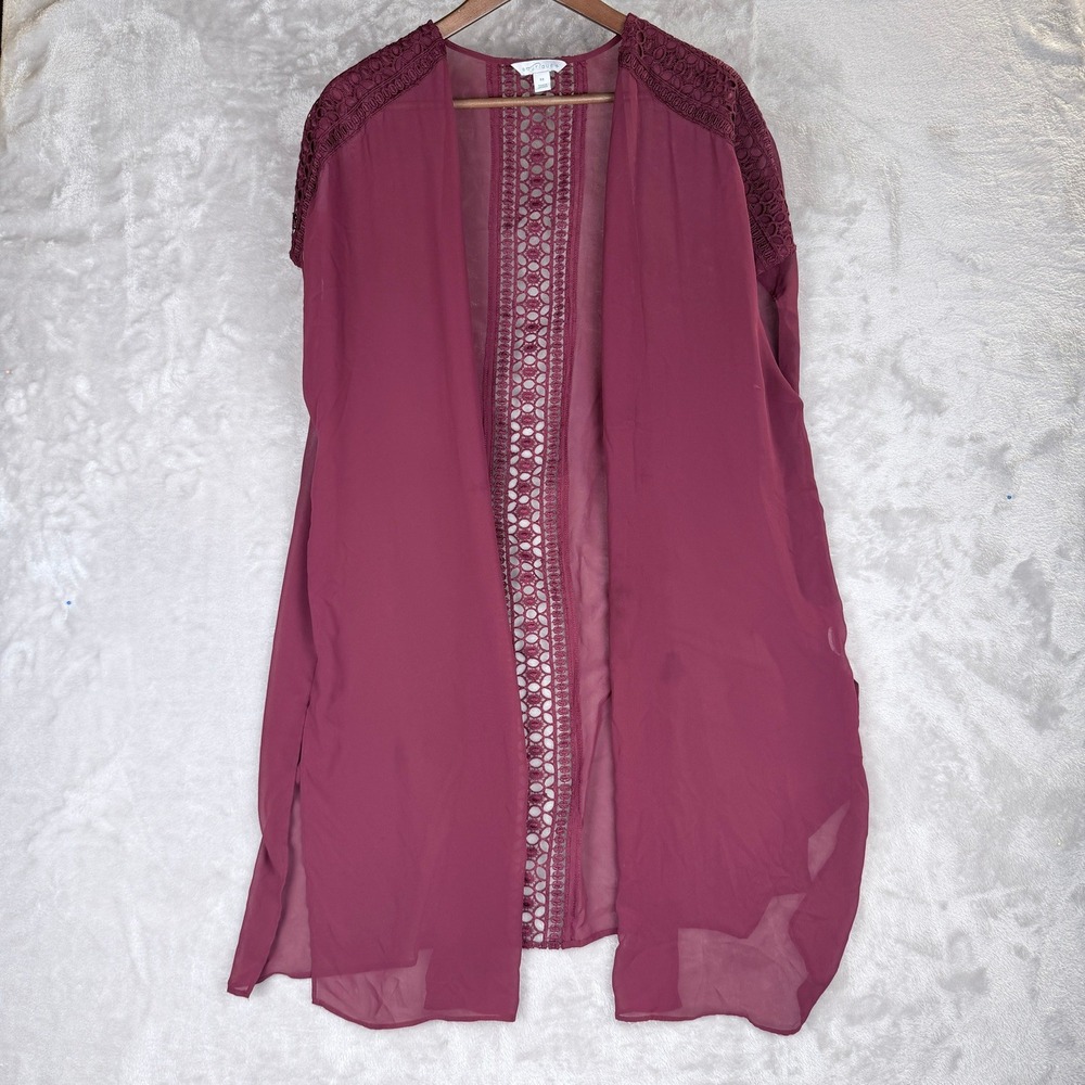 Indie Boho Crochet burgundy‎ kimono coverup Mauve Lace Trim Cardigan Women's 0X